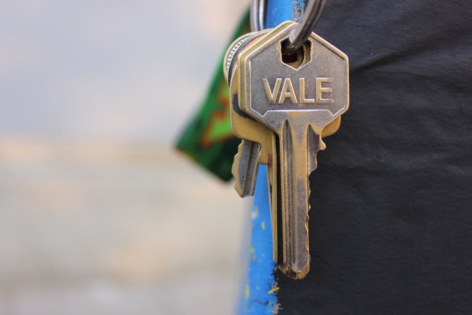 A close-up image of a metallic key with a hexagonal bow engraved with the name 'VALE', hanging on a keyring. The key appears to be stainless steel with a slightly weathered finish, showing minor scratches and a dull sheen. It is attached to a silver metal keyring, which is partly visible. The background is blurred, revealing a person wearing a dark, possibly leather or synthetic material jacket or coat. The person is holding the keyring with the keys, and a hint of a car or building facade can be inferred from the light-colored surface behind. The focus is on the key and keyring, emphasizing the metallic texture and engraved branding, in an outdoor setting that could imply access to a private property or a vehicle, relevant to independent access or key-based entry associated with rubbish collection or waste removal services managed by Waste Clearance Maida Vale.